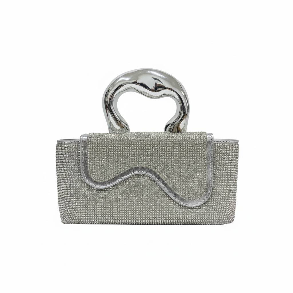 Silver Sculpted Crystal Clutch ✨🩶 | Metallic Handle Statement Evening Bag - MASTERPIECE