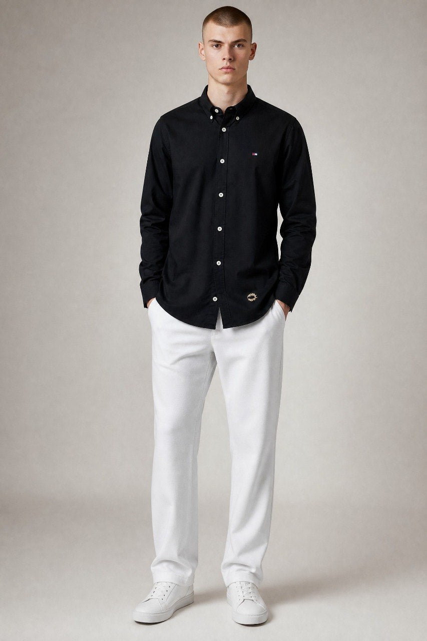 Tommy Hilfiger Premium Black Oxford Button Down Long Sleeve Shirt for Men – Luxury Minimal Smart Casual Essential 🖤✨ - MASTERPIECE