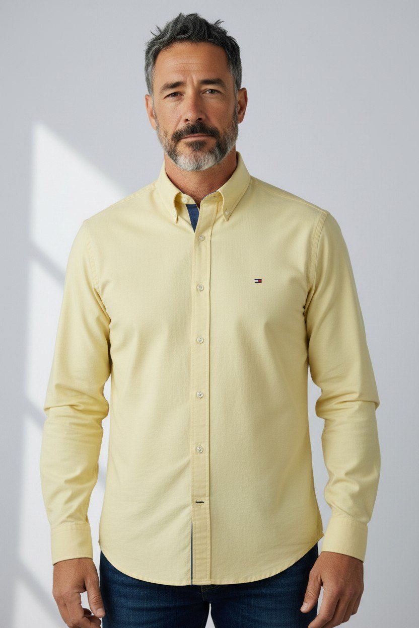 Tommy Hilfiger Premium Butter Yellow Oxford Button Down Long Sleeve Shirt for Men – Luxury Smart Casual Summer Essential 💛✨ - MASTERPIECE