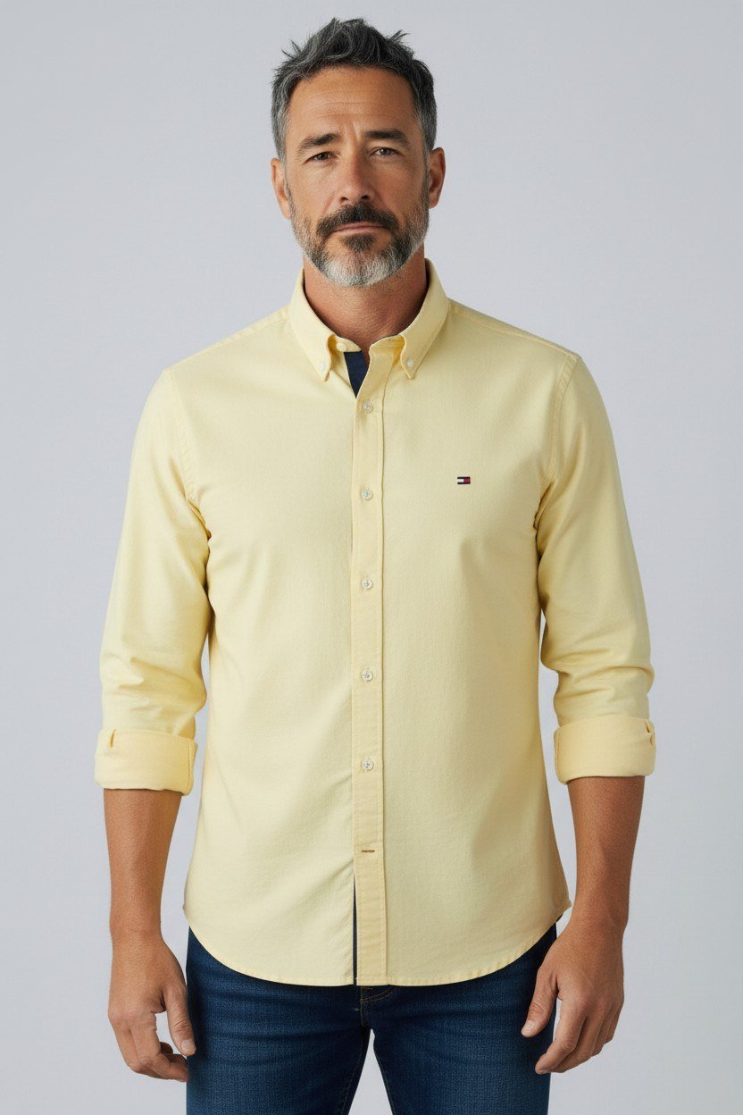 Tommy Hilfiger Premium Butter Yellow Oxford Button Down Long Sleeve Shirt for Men – Luxury Smart Casual Summer Essential 💛✨ - MASTERPIECE