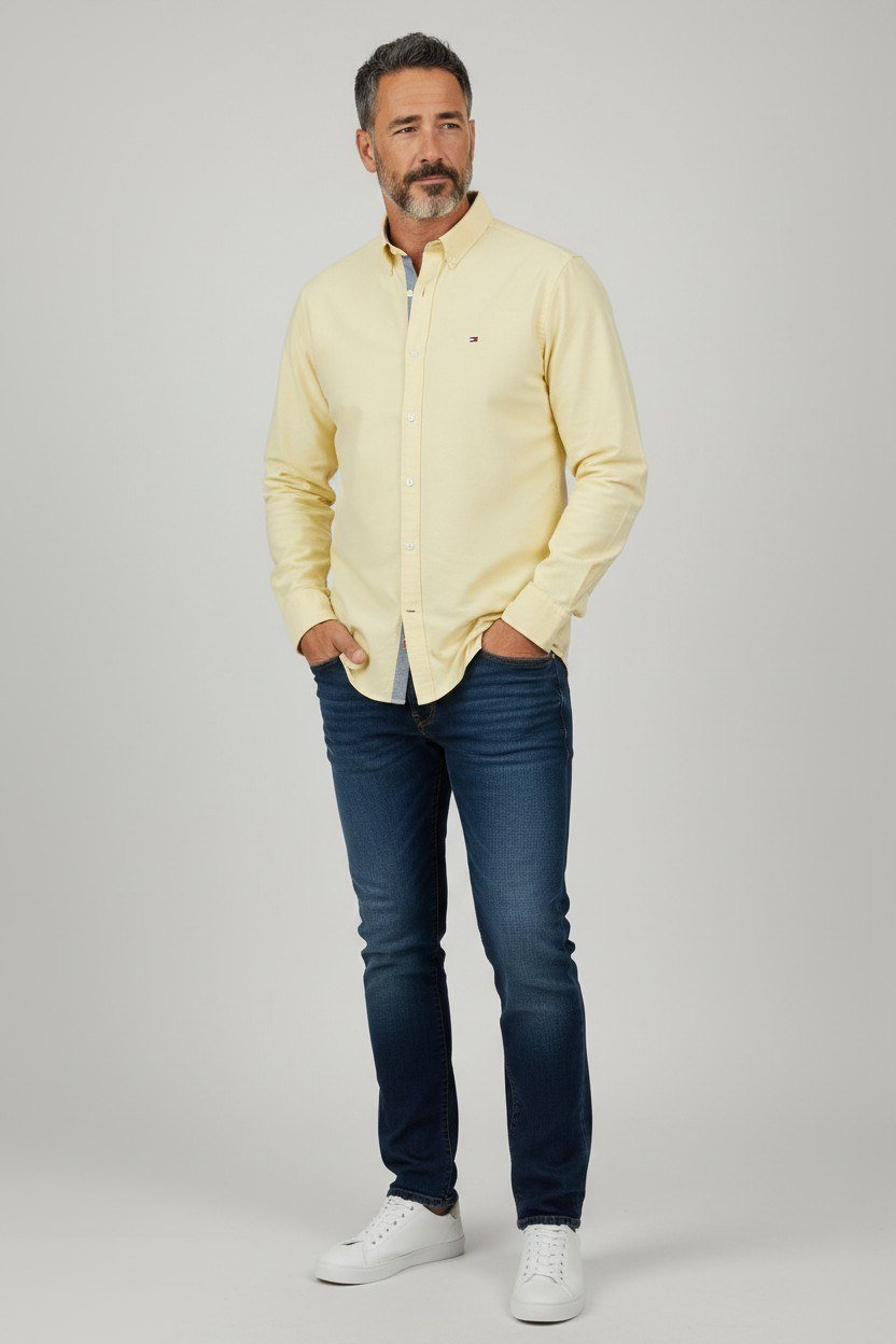 Tommy Hilfiger Premium Butter Yellow Oxford Button Down Long Sleeve Shirt for Men – Luxury Smart Casual Summer Essential 💛✨ - MASTERPIECE