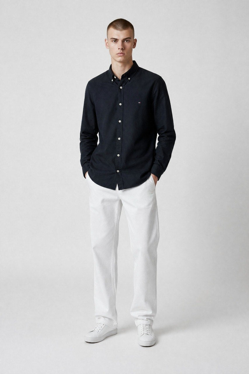 Tommy Hilfiger Premium Slim Fit Oxford Button-Down Shirt for Men – Classic Navy Smart Casual Long Sleeve Shirt 💙✨ - MASTERPIECE