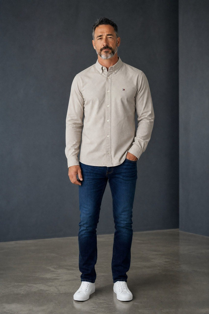 Tommy Hilfiger Premium Stone Beige Oxford Button Down Long Sleeve Shirt for Men – Luxury Minimal Smart Casual Essential 🤎✨ - MASTERPIECE