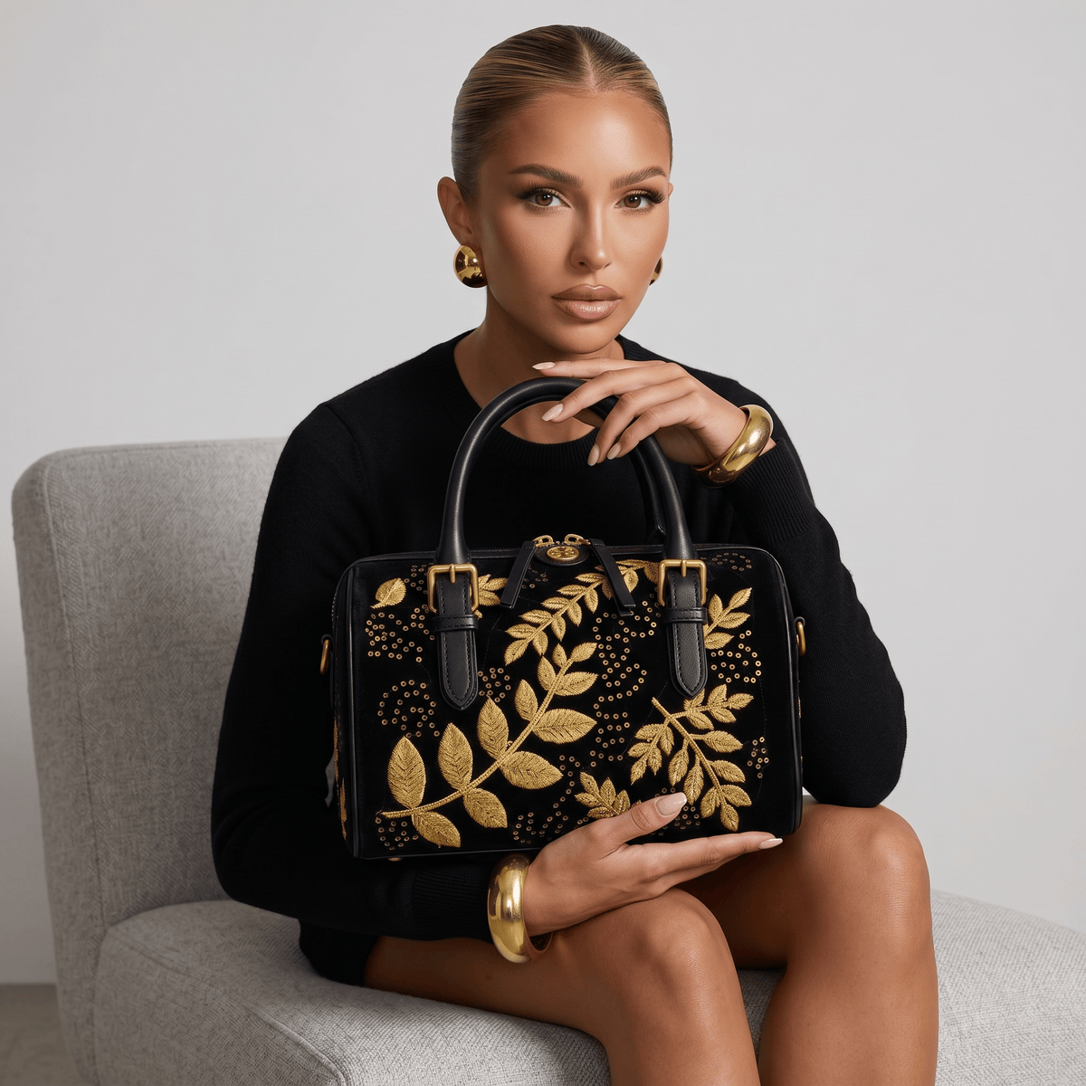 Tory Burch Embroidered Top-Handle Bag with Gold Leaf Motif — Black - MASTERPIECE