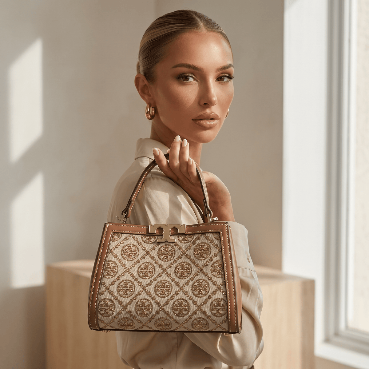 Tory Burch Monogram Canvas Mini Top Handle Bag – Beige Luxury Classic 🤎✨ - MASTERPIECE