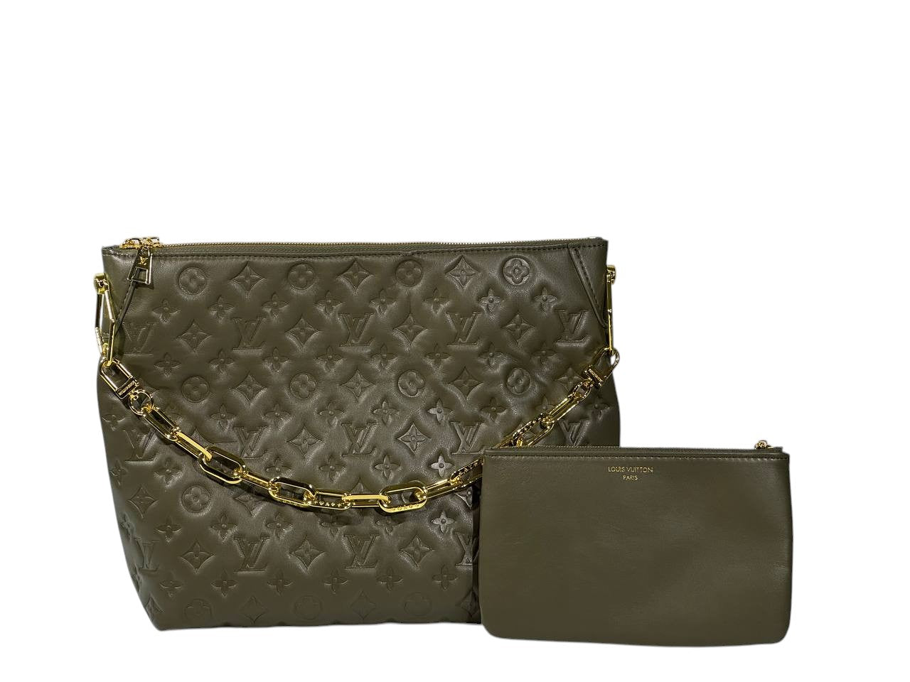 ✨💚 Louis Vuitton Embossed Monogram Tote Bag + Matching Pouch – Olive Green Edition