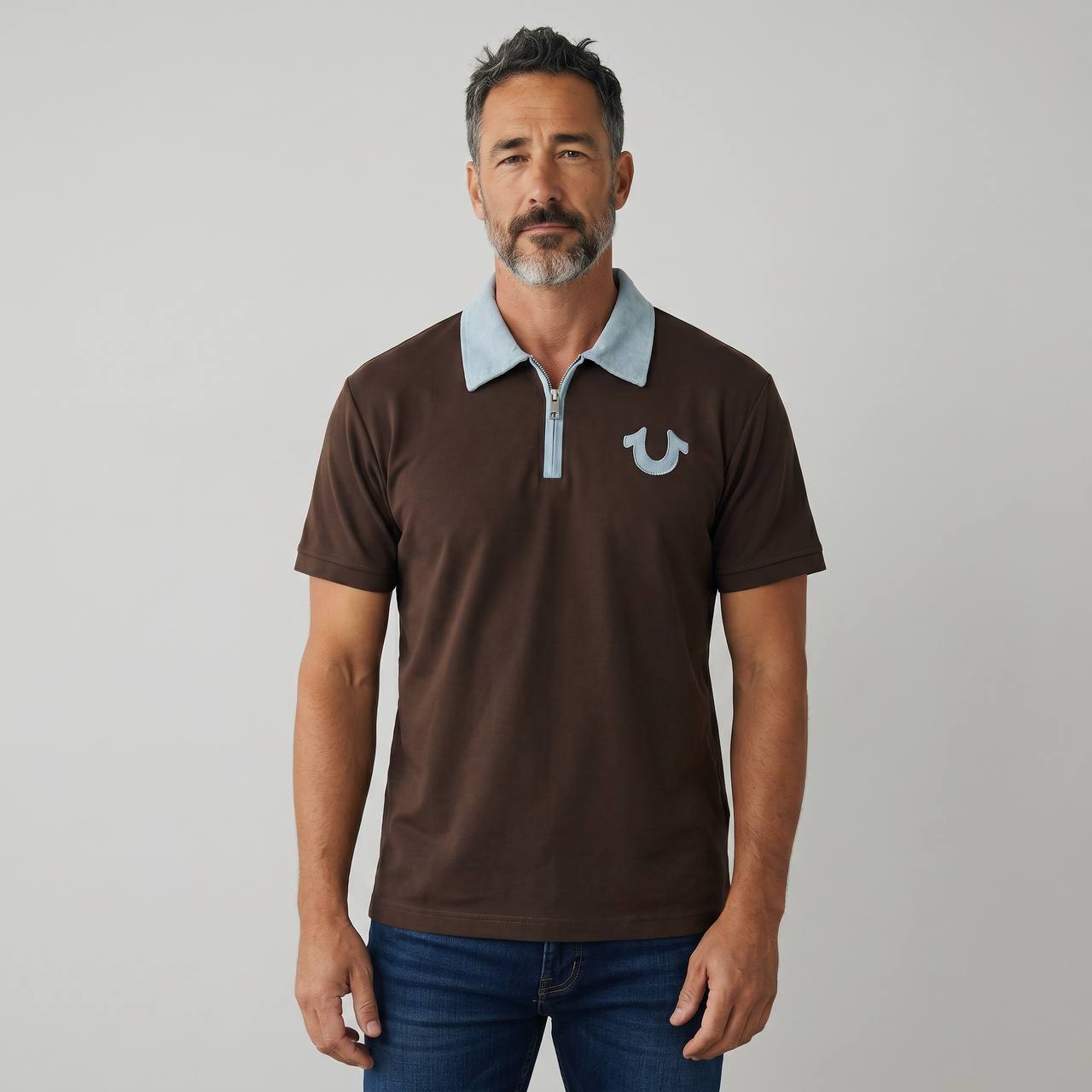 True Religion Half-Zip Polo T-Shirt – Chocolate Brown & Sky Blue Edition 🤎💙 - MASTERPIECE
