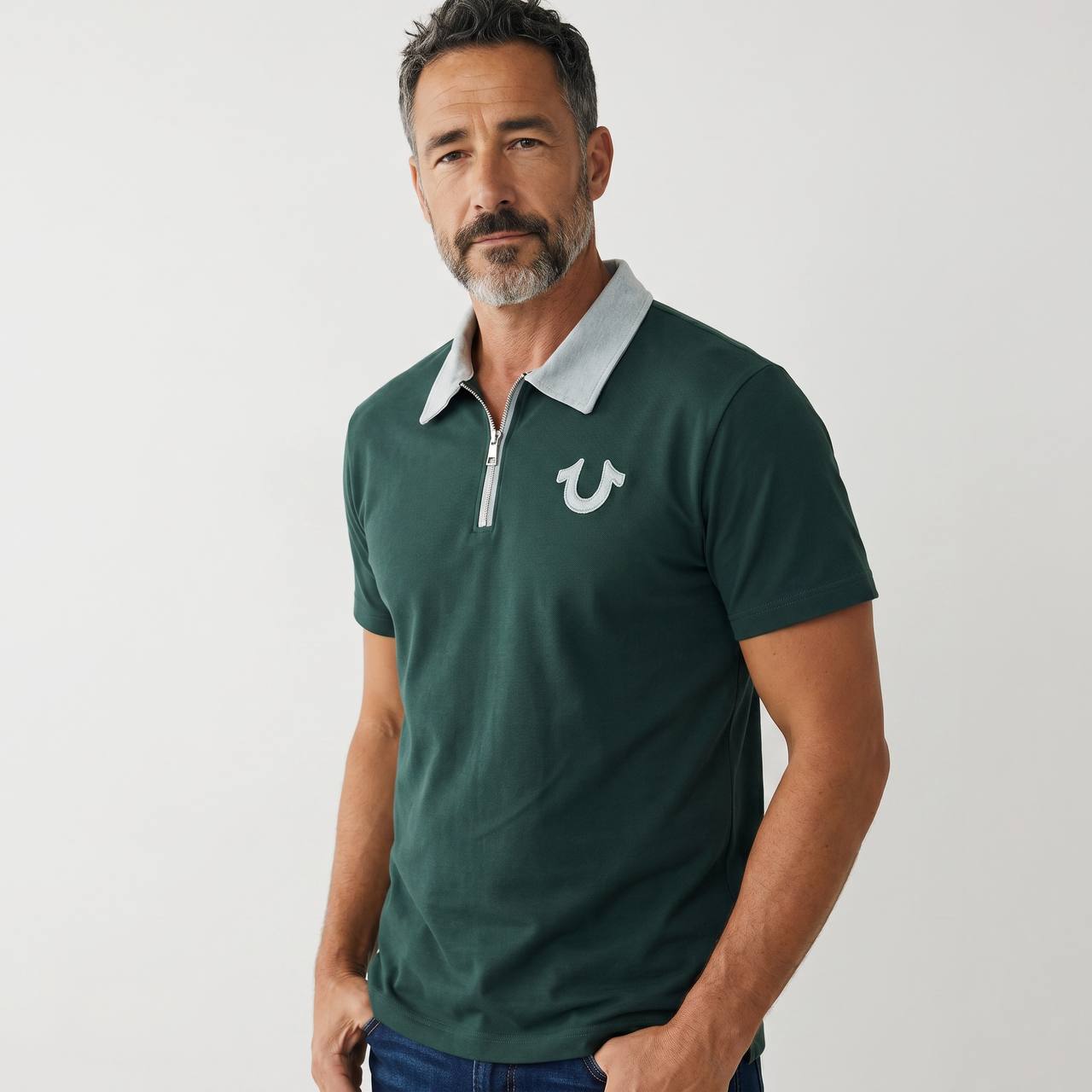 True Religion Half-Zip Polo T-Shirt – Forest Green Luxury Edition 💚✨ - MASTERPIECE