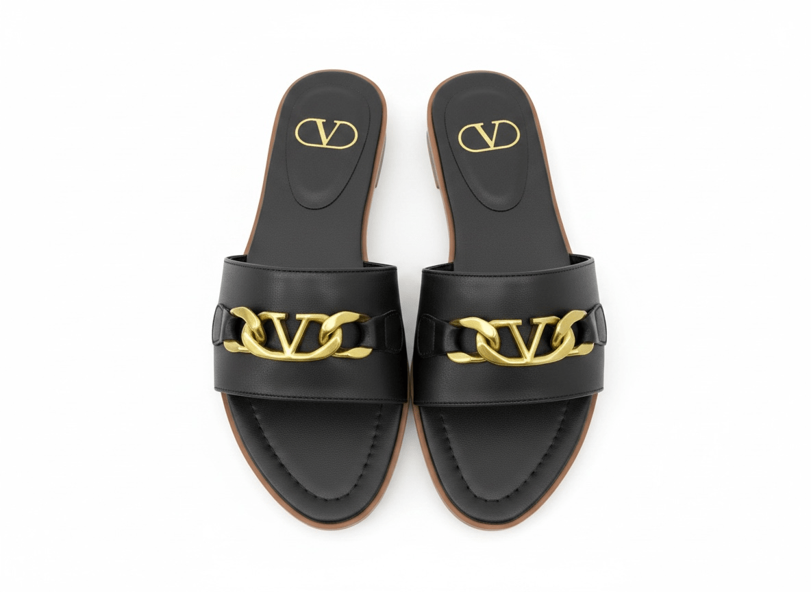 Valentino VLogo Black Slide Sandals 🖤✨ Gold Chain Edition - MASTERPIECE