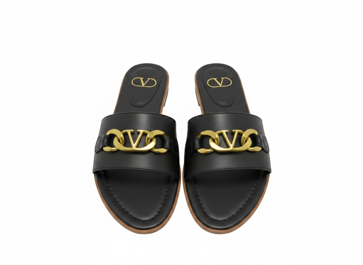 Valentino VLogo Black Slide Sandals 🖤✨ Gold Chain Edition - MASTERPIECE