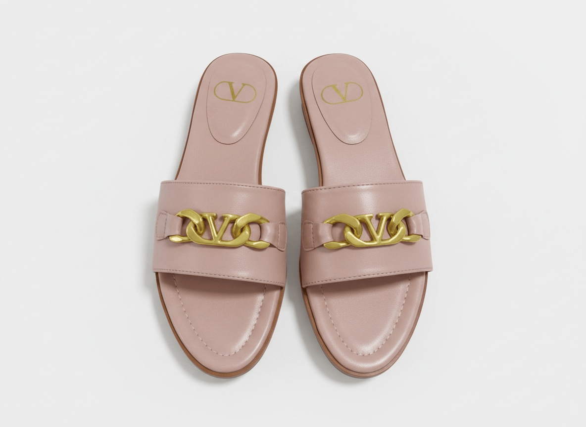 Valentino VLogo Nude Leather Slides 🤍✨ Premium Gold Chain - MASTERPIECE