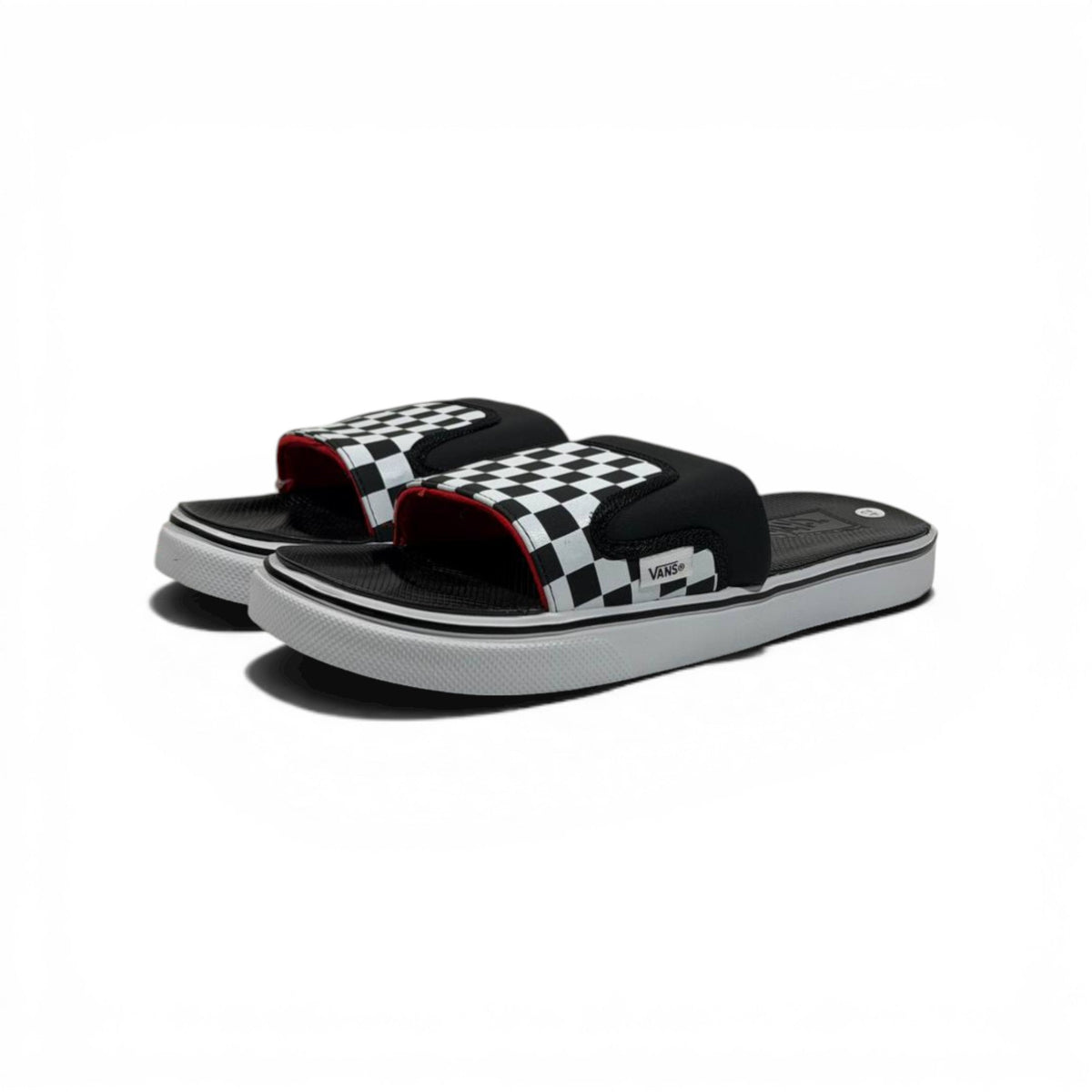 🏁🔴 Vans Checkerboard Slides – Black & White Red Accent Edition - MASTERPIECE
