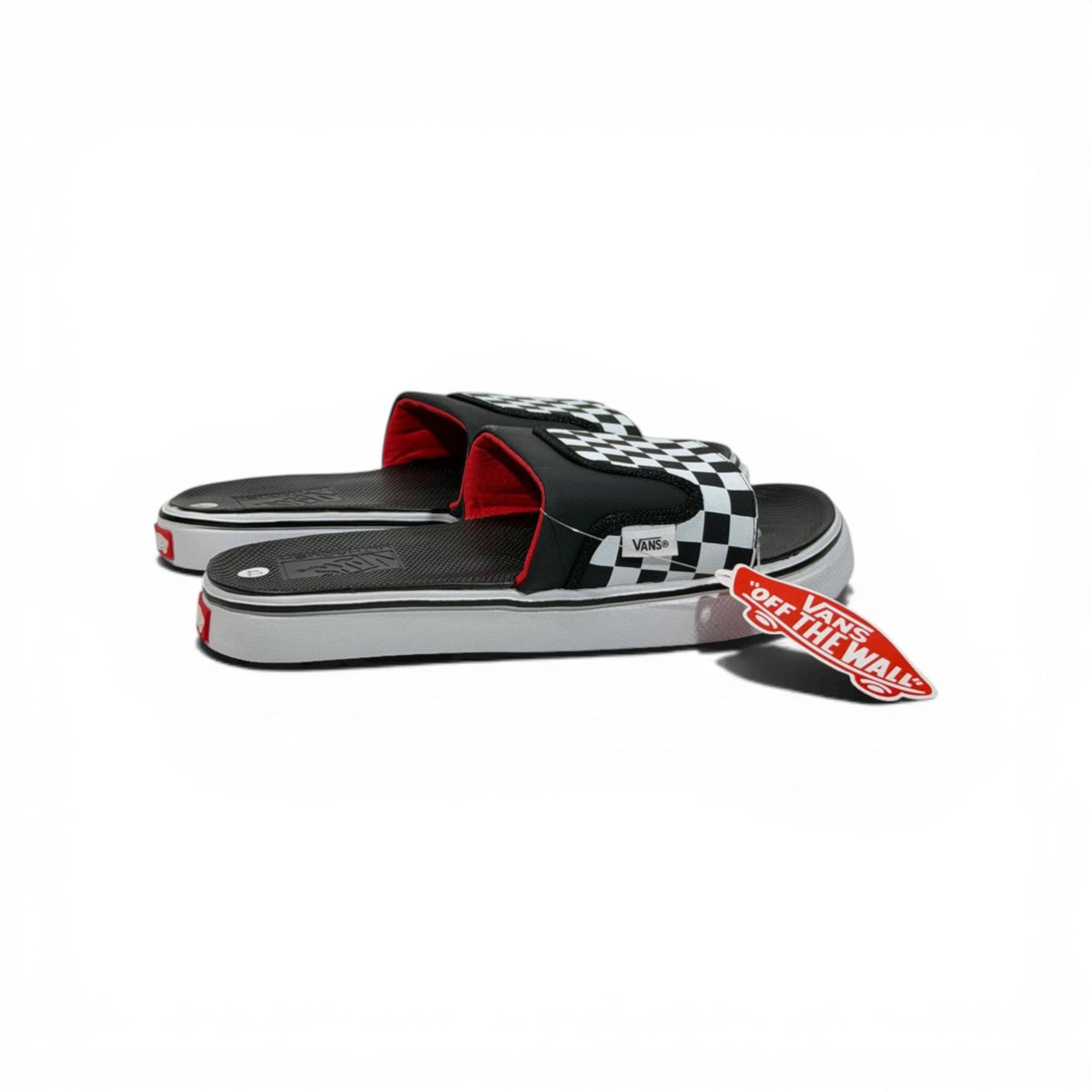 🏁🔴 Vans Checkerboard Slides – Black & White Red Accent Edition - MASTERPIECE