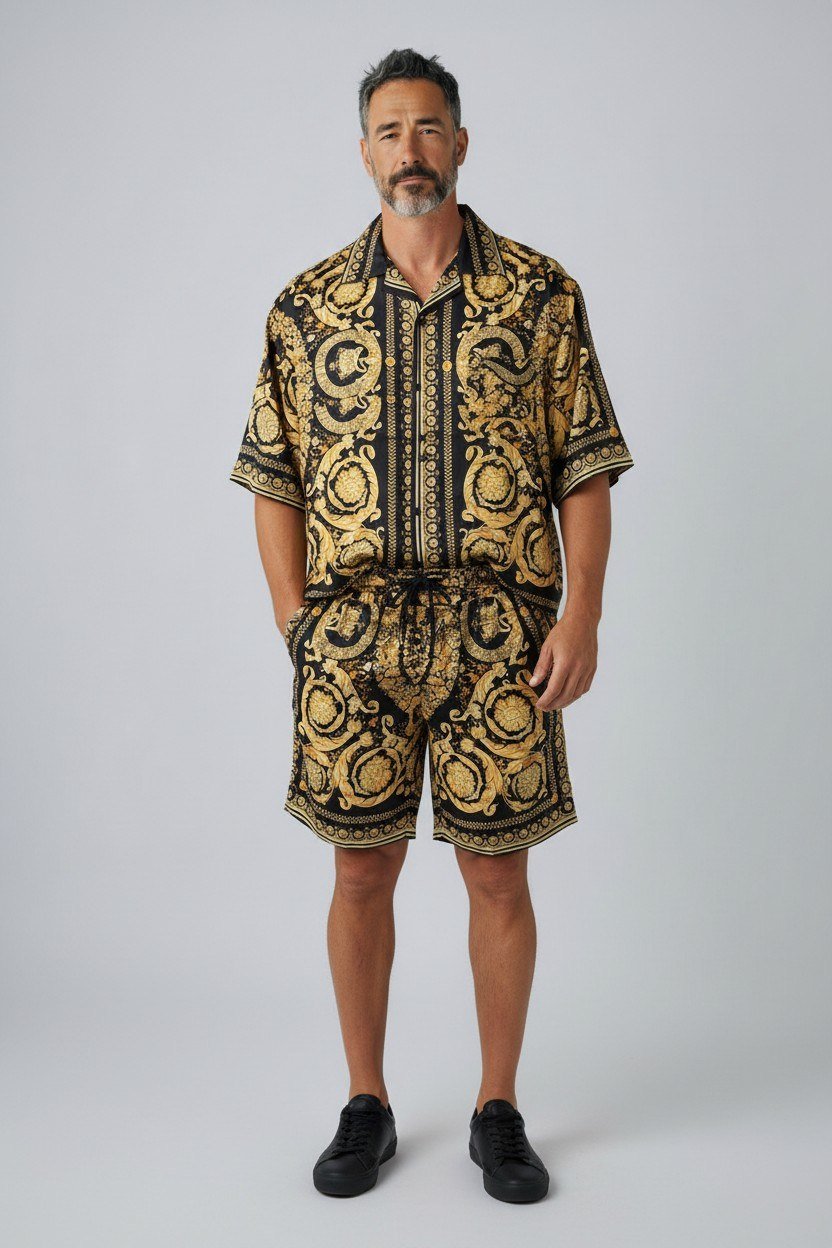 Versace Baroque Print Luxury Co-Ord Set for Men – Premium Black & Gold Resort Outfit ✨ - MASTERPIECE