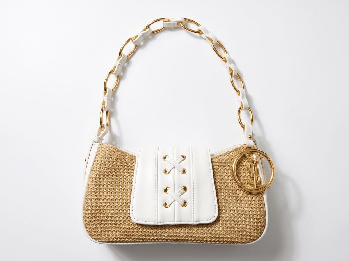 🤍 Yves Saint Laurent Raffia Chain Shoulder Bag – Beige & White - MASTERPIECE