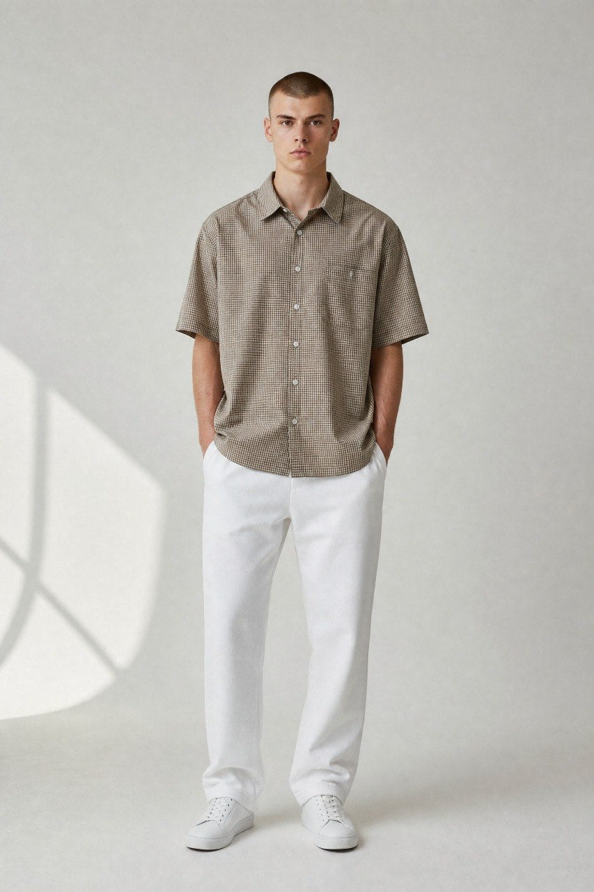 Zara Premium Beige Checkered Short Sleeve Button Up Shirt for Men – Relaxed Fit Smart Casual Summer Overshirt 🤎✨ - MASTERPIECE