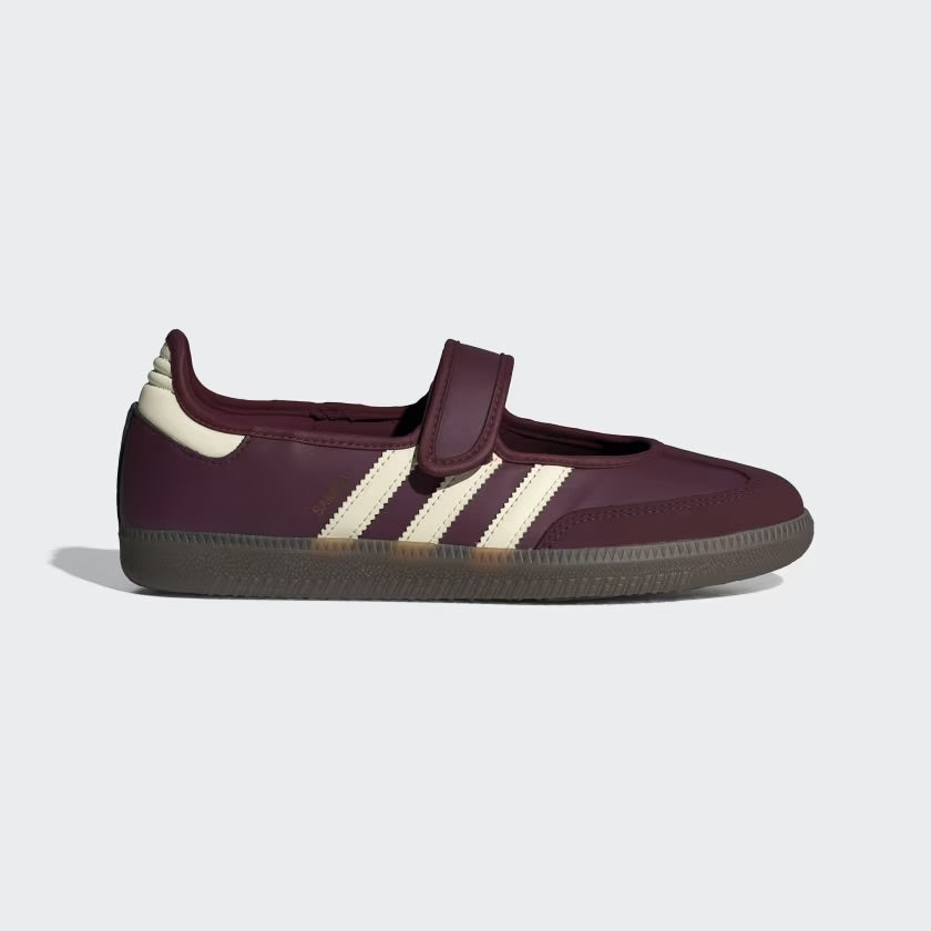 maroon adidas samba mary jane sneaker with cream three stripes and velcro strap