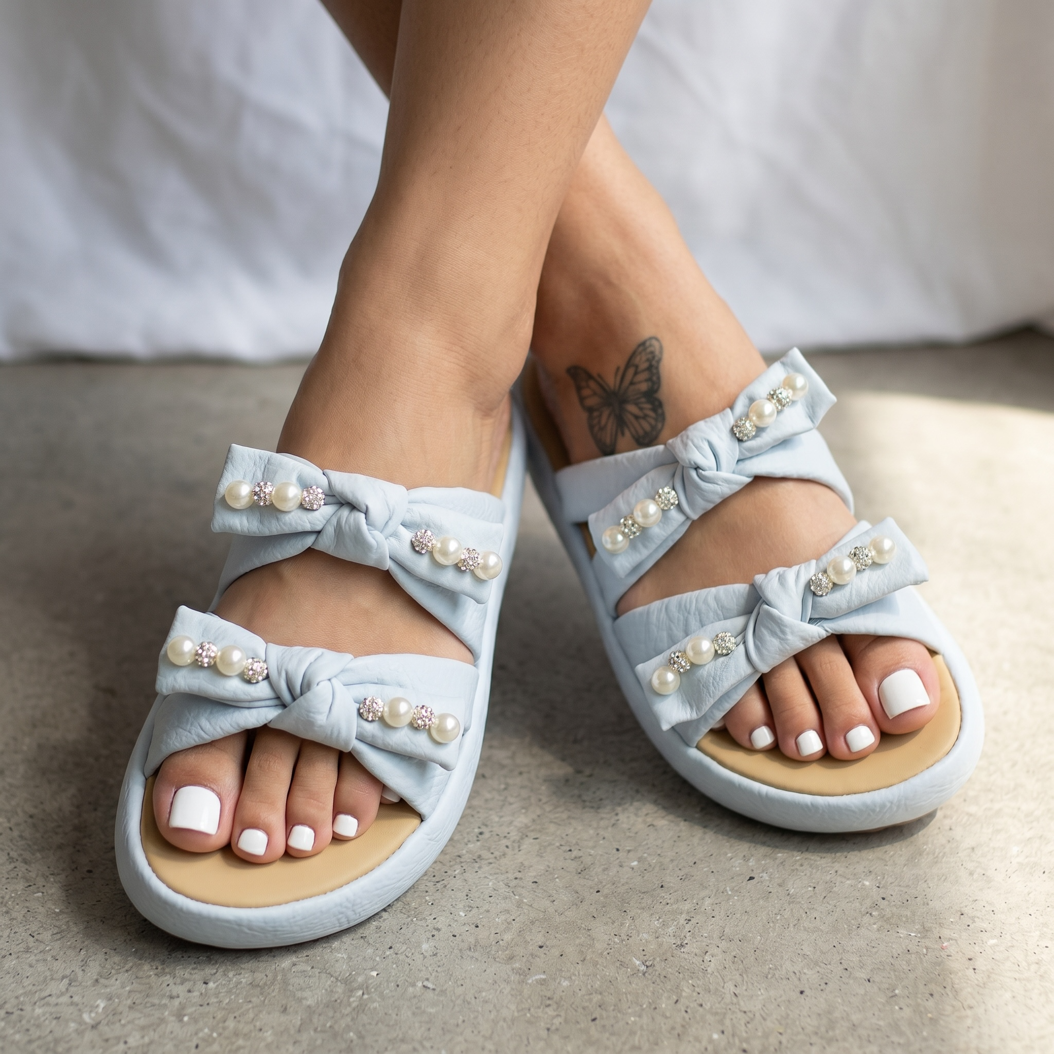 Pearl Bow Comfort Slides – Baby Blue 🩵✨