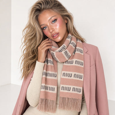 Dusty pink and cream striped Miu Miu logo scarf with fringe