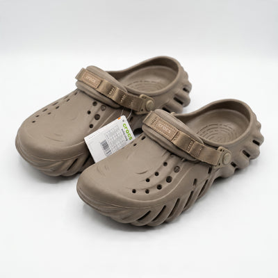 Pair of taupe Crocs Echo Clog with adjustable strap and vented upper