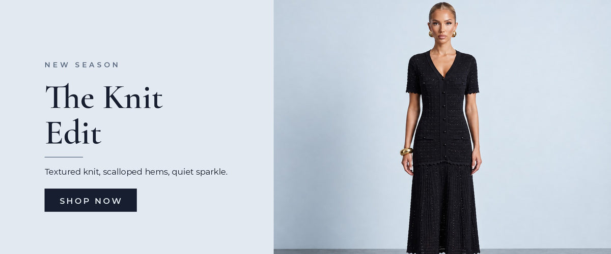 The Knit Edit – black textured knit midi dress with button front and scalloped hem
