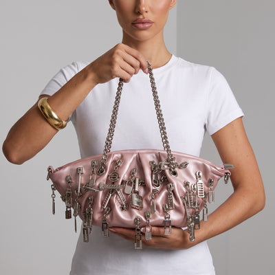 Blush pink metallic ruched tote with silver charms and double chain handles