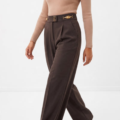 High-waist chocolate brown wide-leg trousers with gold hardware waistband