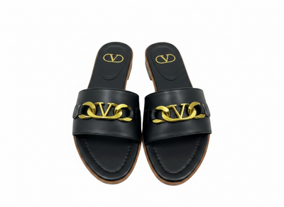 Valentino VLogo Black Slide Sandals 🖤✨ Gold Chain Edition