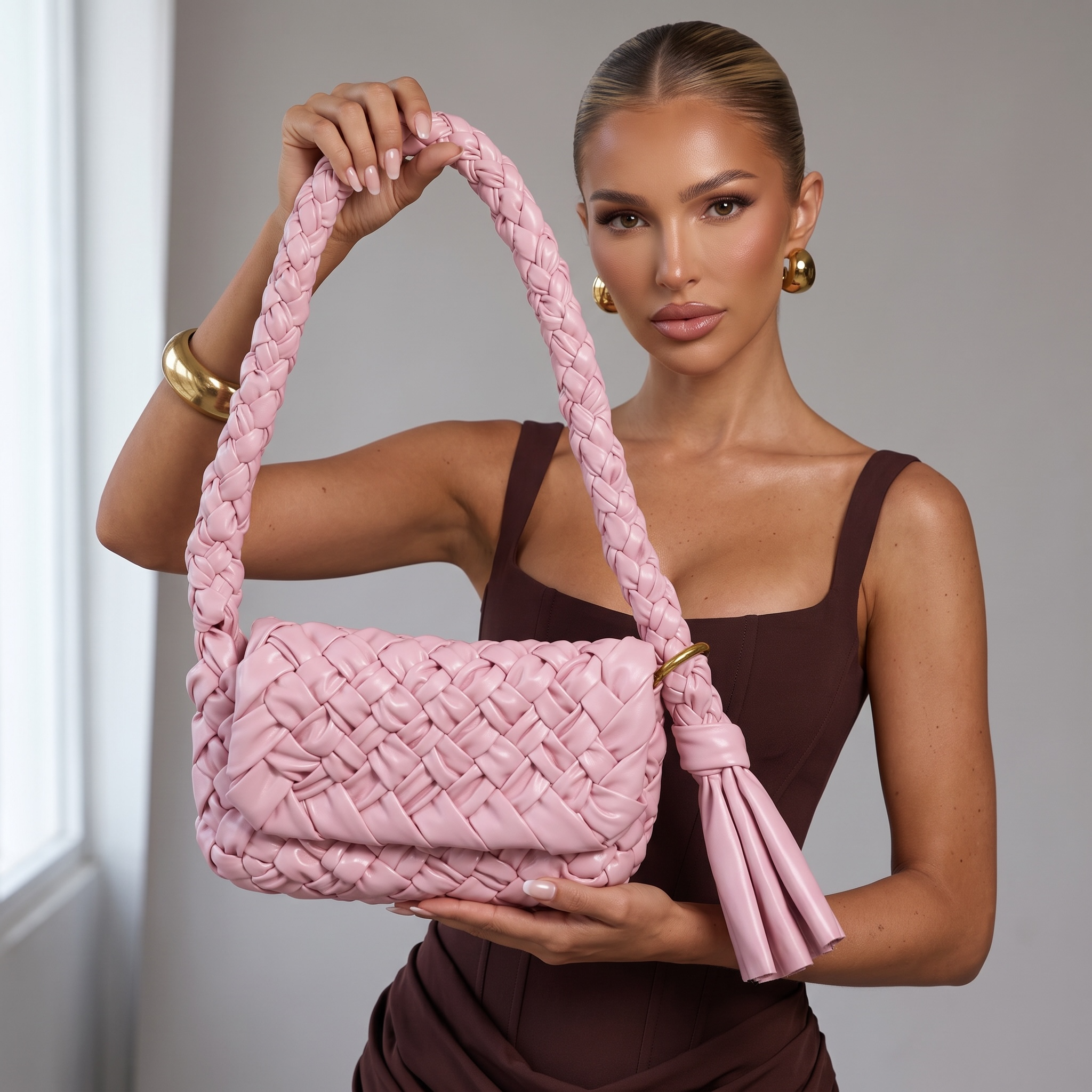 🔥 Bottega Veneta Handmade Woven Shoulder Bag – Pink Artisan Edition 🔥