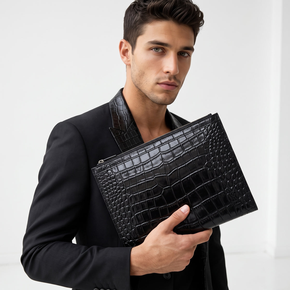 Black croc-embossed Saint Laurent zip pouch with YSL logo held under arm