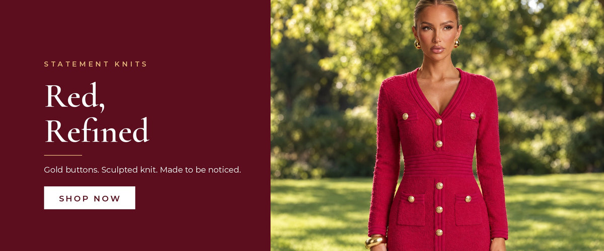 Red, Refined – red knit mini dress with gold buttons