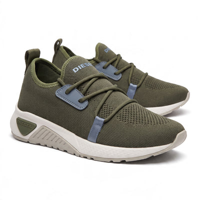 olive Diesel slip-on knit sneakers with white sculpted sole and blue accents