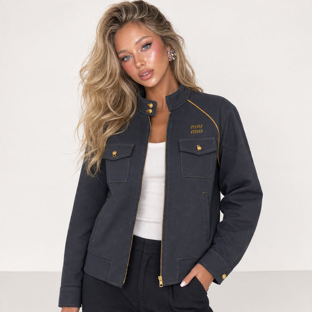 Miu Miu navy jacket with gold piping, gold buttons and chest pockets