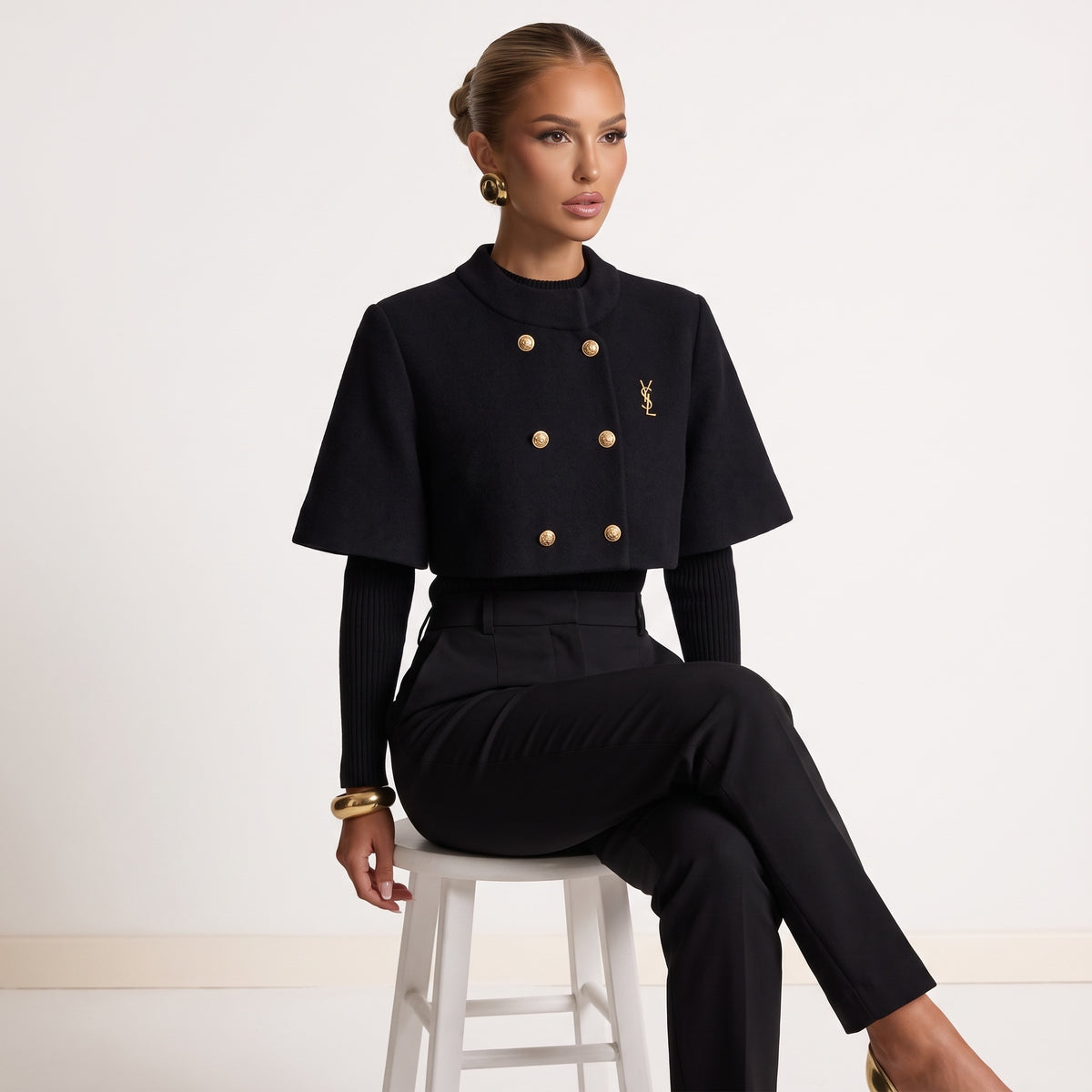 Saint Laurent black cropped cape jacket with gold buttons and YSL logo