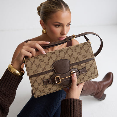 Gucci Horsebit 1955 beige GG monogram shoulder bag with brown leather trim and gold horsebit hardware