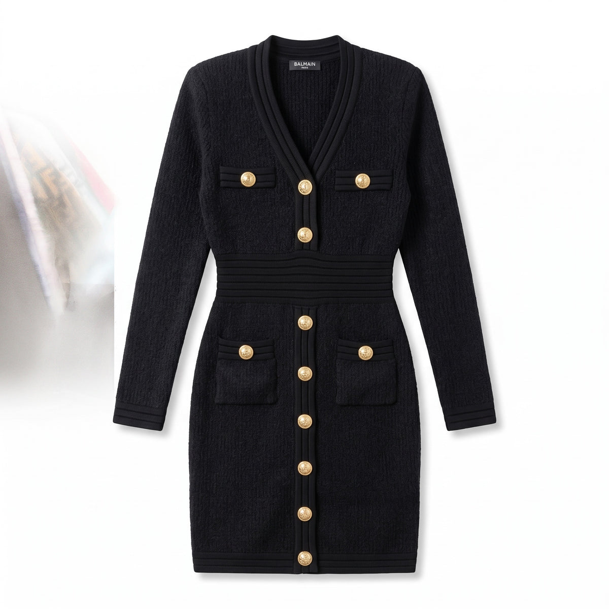 Balmain black fitted knit dress with gold buttons and patch pockets