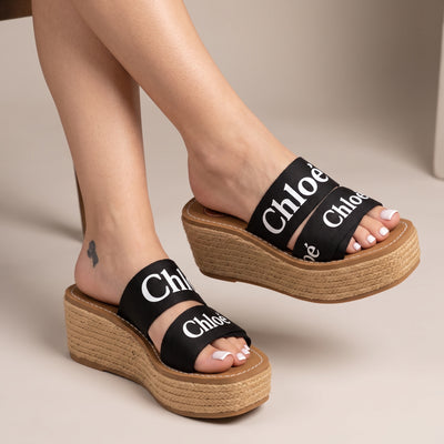 Black Chloé logo double-strap espadrille wedge sandals with braided platform