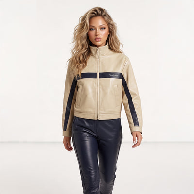 Beige leather jacket with navy chest stripe and sleeve panels, Saint Laurent logo and YSL zip pull