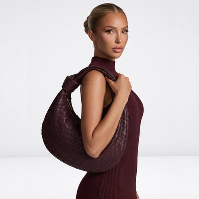 burgundy intrecciato hobo bag with padded handle and top zip