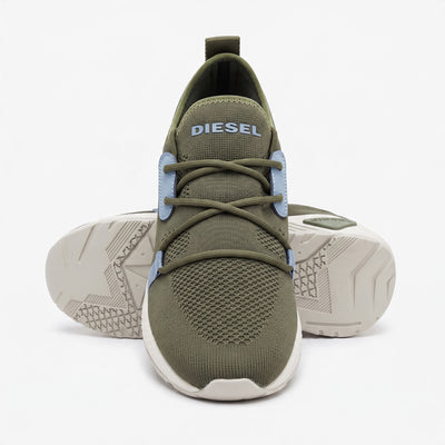 olive Diesel slip-on knit sneakers with white sculpted sole and blue accents