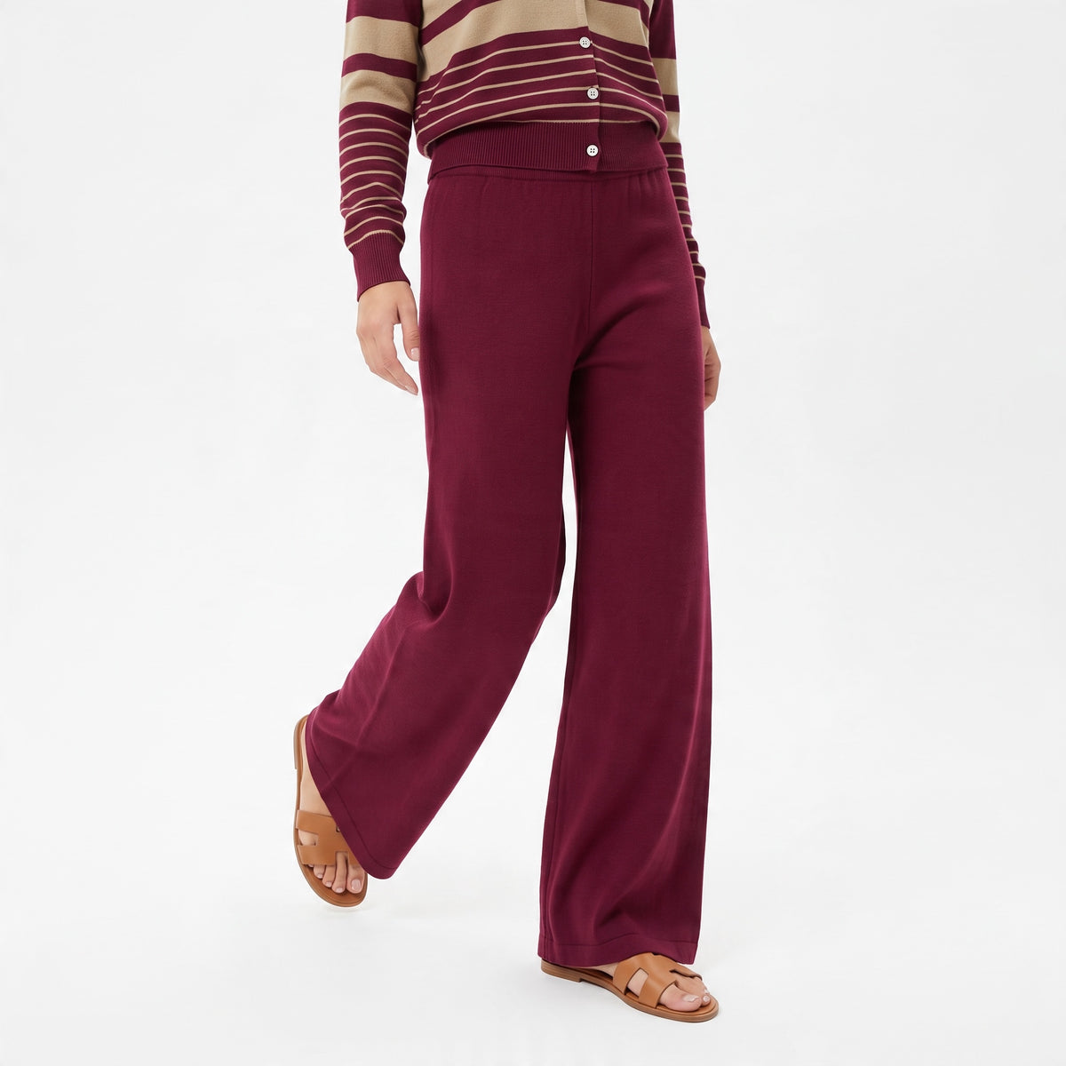 Burgundy and beige striped Ralph Lauren button cardigan with gold pony logo