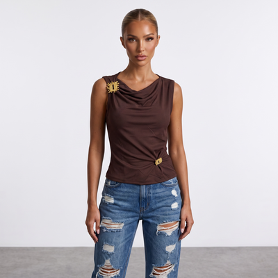 Schiaparelli Draped Embellished Sleeveless Top – Brown one size