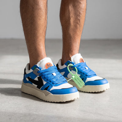 Off-White blue and white chunky sneakers with cream sole and neon zip tag