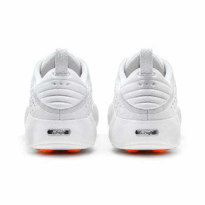 White Nike perforated sneakers with orange pod sole shown from multiple angles