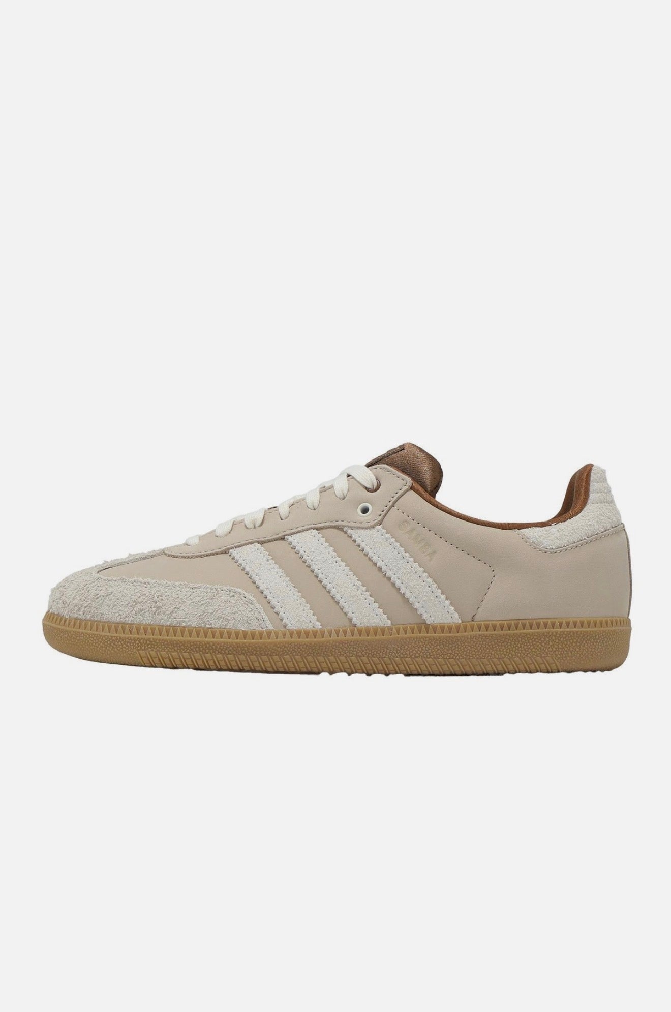 Adidas Samba low-top sneaker in chalk beige with off-white stripes and gum sole