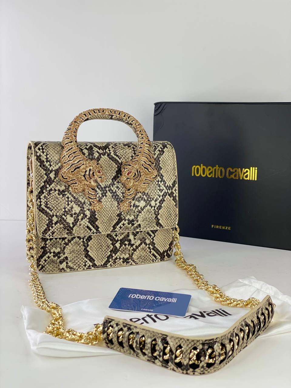 Roberto Cavalli Designer Handbag with Gold Tiger Handle