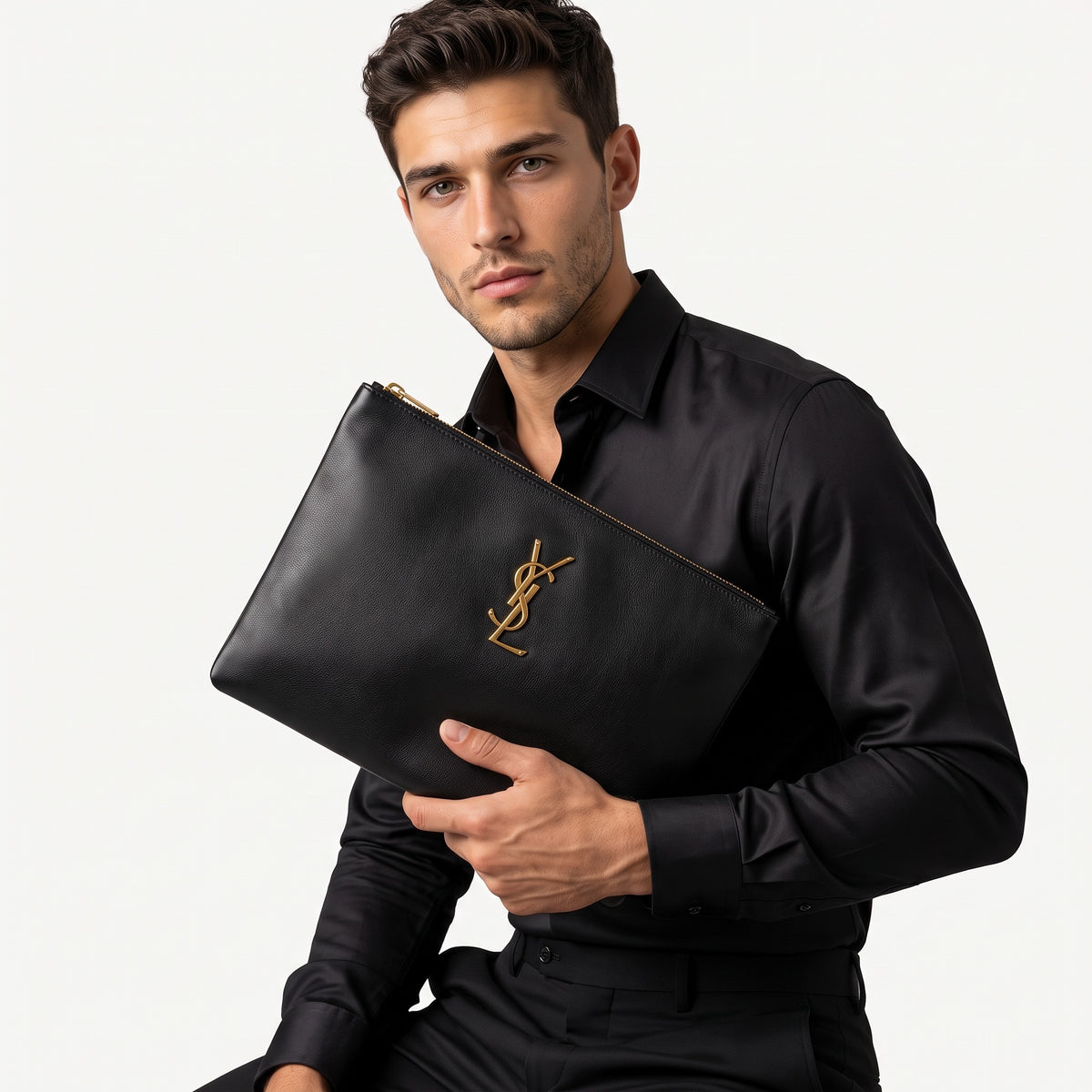 Saint Laurent black zip pouch with gold YSL logo held as a clutch
