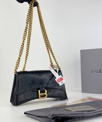 Balenciaga Hourglass Chain Bag in Black Crinkled Leather