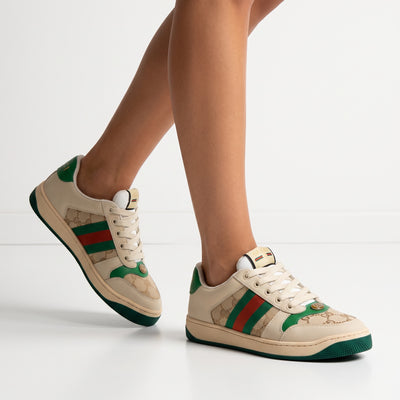 Gucci beige low-top sneakers with green-red web and monogram panels