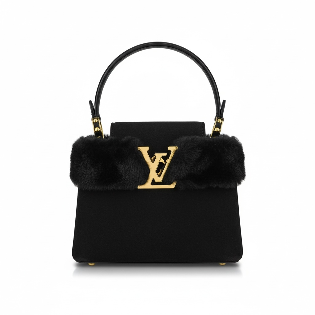 Black Top Handle Bag with Fur Trim and Gold LV Logo 🖤✨